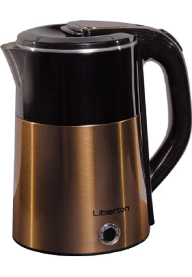 Електрочайник Liberton LEK-6827, Black/Gold, 1500W, 1.8л, дисковий, подвійна стінка (нержавіюча сталь+пластик), автовідключення, індикатор включення, відкривання кришки ручне, шкала рівня води внутрішня