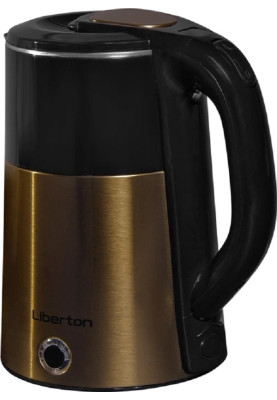 Електрочайник Liberton LEK-6827, Black/Gold, 1500W, 1.8л, дисковий, подвійна стінка (нержавіюча сталь+пластик), автовідключення, індикатор включення, відкривання кришки ручне, шкала рівня води внутрішня