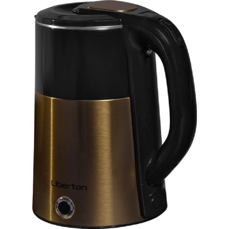 Електрочайник Liberton LEK-6827, Black/Gold, 1500W, 1.8л, дисковий, подвійна стінка (нержавіюча сталь+пластик), автовідключення, індикатор включення, відкривання кришки ручне, шкала рівня води внутрішня