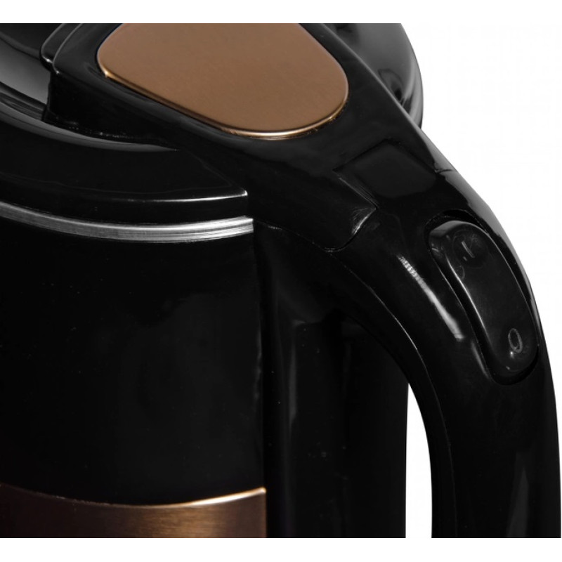 Електрочайник Liberton LEK-6827, Black/Gold, 1500W, 1.8л, дисковий, подвійна стінка (нержавіюча сталь+пластик), автовідключення, індикатор включення, відкривання кришки ручне, шкала рівня води внутрішня