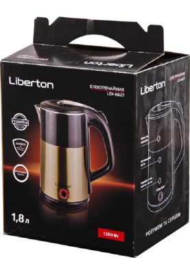 Електрочайник Liberton LEK-6827, Black/Gold, 1500W, 1.8л, дисковий, подвійна стінка (нержавіюча сталь+пластик), автовідключення, індикатор включення, відкривання кришки ручне, шкала рівня води внутрішня