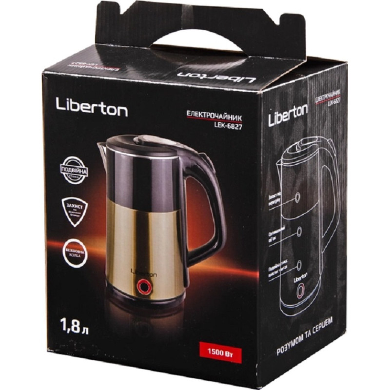Електрочайник Liberton LEK-6827, Black/Gold, 1500W, 1.8л, дисковий, подвійна стінка (нержавіюча сталь+пластик), автовідключення, індикатор включення, відкривання кришки ручне, шкала рівня води внутрішня