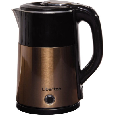 Електрочайник Liberton LEK-6827, Black/Gold, 1500W, 1.8л, дисковий, подвійна стінка (нержавіюча сталь+пластик), автовідключення, індикатор включення, відкривання кришки ручне, шкала рівня води внутрішня
