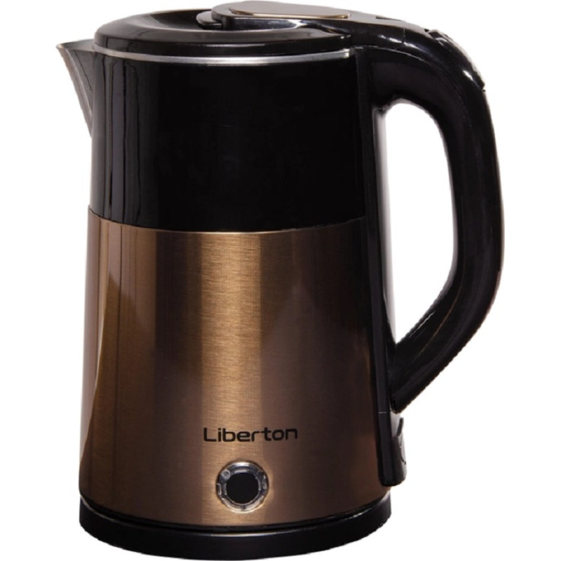 Електрочайник Liberton LEK-6827, Black/Gold, 1500W, 1.8л, дисковий, подвійна стінка (нержавіюча сталь+пластик), автовідключення, індикатор включення, відкривання кришки ручне, шкала рівня води внутрішня