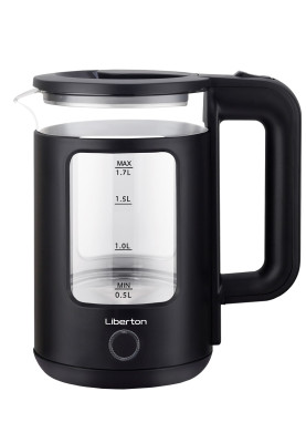 Електрочайник Liberton LEK-6831, Black, 1500W, 1.7л, дисковий, подвійна стінка (нержавіюча сталь+скло), LED-підсвічування, автовідключення, індикатор включення, відкривання кришки ручне, шкала рівня води внутрішня