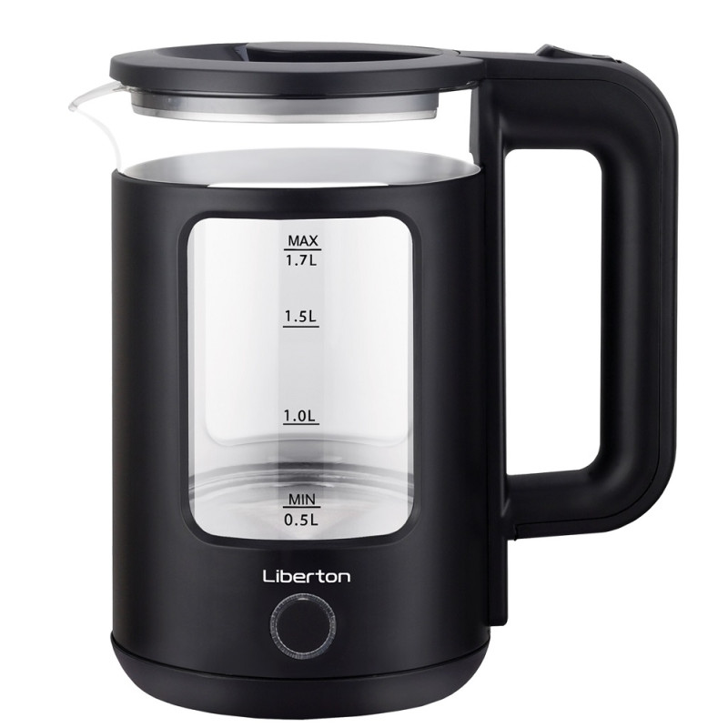 Електрочайник Liberton LEK-6831, Black, 1500W, 1.7л, дисковий, подвійна стінка (нержавіюча сталь+скло), LED-підсвічування, автовідключення, індикатор включення, відкривання кришки ручне, шкала рівня води внутрішня