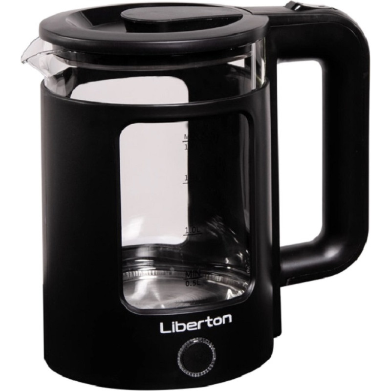 Електрочайник Liberton LEK-6831, Black, 1500W, 1.7л, дисковий, подвійна стінка (нержавіюча сталь+скло), LED-підсвічування, автовідключення, індикатор включення, відкривання кришки ручне, шкала рівня води внутрішня