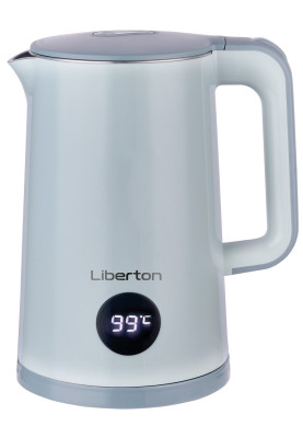 Електрочайник Liberton LEK-6822, White, 1500W, 1.8л, дисковий, подвійна стінка (нержавіюча сталь+пластик), безшовна колба, LED-дисплей з температурою, автовідключення, індикатор включення, відкривання кришки ручне, шкала рівня води внутрішня