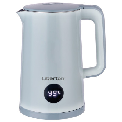Електрочайник Liberton LEK-6822, White, 1500W, 1.8л, дисковий, подвійна стінка (нержавіюча сталь+пластик), безшовна колба, LED-дисплей з температурою, автовідключення, індикатор включення, відкривання кришки ручне, шкала рівня води внутрішня