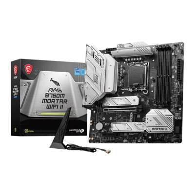Материнська плата LGA1700, MSI MAG B760M MORTAR WIFI II, B760, 4xDDR5, Int.Video(CPU), 4xSATA3, 3xM.2, 1xPCI-E 5.9 x16, 1xPCI-E 3.0 x1, ALC897, Realtek 2.5Gbps, WiFi 6E, Bluetooth 5.3, 7xUSB3.2/8xUSB2.0, HDMI/DP, MicroATX
