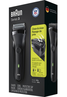 Електробритва Braun 300 Series 3 Black, сухе гоління, 3 бритвених голівки, чистка під струменем води, швидка зарядка, живлення акумулятор/мережа