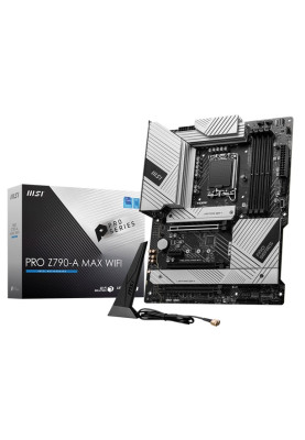 Материнська плата LGA1700, MSI PRO Z790-A MAX WIFI, Z790, 4xDDR5, Int.Video(CPU), 6xSATA3, 4xM.2, 1xPCI-E 5.0 x16, 1xPCI-E 4.0 x16, 1xPCI-E 3.0 x16, 1xPCI-E 3.0 x1, ALC4080, I225V, WiFi 7, Bluetooth 5.4, 9xUSB3.2/6xUSB2.0, HDMI/DP, ATX