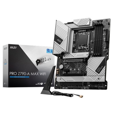 Материнська плата LGA1700, MSI PRO Z790-A MAX WIFI, Z790, 4xDDR5, Int.Video(CPU), 6xSATA3, 4xM.2, 1xPCI-E 5.0 x16, 1xPCI-E 4.0 x16, 1xPCI-E 3.0 x16, 1xPCI-E 3.0 x1, ALC4080, I225V, WiFi 7, Bluetooth 5.4, 9xUSB3.2/6xUSB2.0, HDMI/DP, ATX