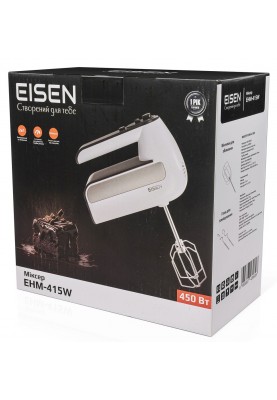Міксер Eisen EHM-415W, White, 450W, ручний, 5 швидкостей, турбо режим, вінчики, гаки для замісу тіста, захист від перегріву