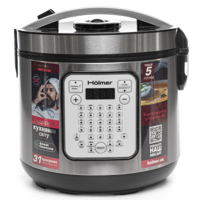 Мультиварка Holmer HMC-31SS, Inox/Black, 900W, об'єм 5л, 31 програма, мультишеф, дисплей, антипригарне покриття, підтримка температури, таймер відстрочки старту, книга рецептів