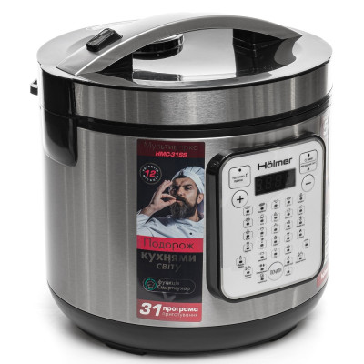 Мультиварка Holmer HMC-31SS, Inox/Black, 900W, об'єм 5л, 31 програма, мультишеф, дисплей, антипригарне покриття, підтримка температури, таймер відстрочки старту, книга рецептів