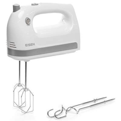 Міксер Eisen EHM-425B, White, 450W, ручний, 5 швидкостей, турбо режим, вінчики, гаки для замісу тіста, контейнер для зберігання аксесуарів, захист від перегріву