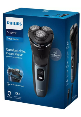 Електробритва Philips S3144/00, Black, роторна, сухе/вологе гоління, 3 головки 5D Pivot & Flex, чищення під струменем води, леза PowerCut, тример, робота від акумулятора (60хв) / мережі, захисна кришка в комплекті