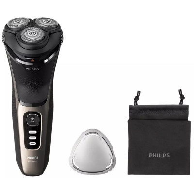 Електробритва Philips S3242/12, Black, роторна, сухе/вологе гоління, 3 головки 5D Pivot & Flex, чищення під струменем води, леза PowerCut, тример, робота від акумулятора (60хв) / мережі, захисна кришка та футляр в комплекті