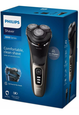 Електробритва Philips S3242/12, Black, роторна, сухе/вологе гоління, 3 головки 5D Pivot & Flex, чищення під струменем води, леза PowerCut, тример, робота від акумулятора (60хв) / мережі, захисна кришка та футляр в комплекті