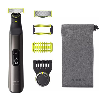 Бритва-Тример-Стайлер Philips OneBlade QP6551/15, Black, сіткова, гоління сухе/вологе, тример, насадка-гребінь з 14 налашт. довжини (0.4-10мм), знімний гребінець для тіла, знімна захисна сітка, дисплей, індикатор заряду, м’який футляр, акумулятор 120хв