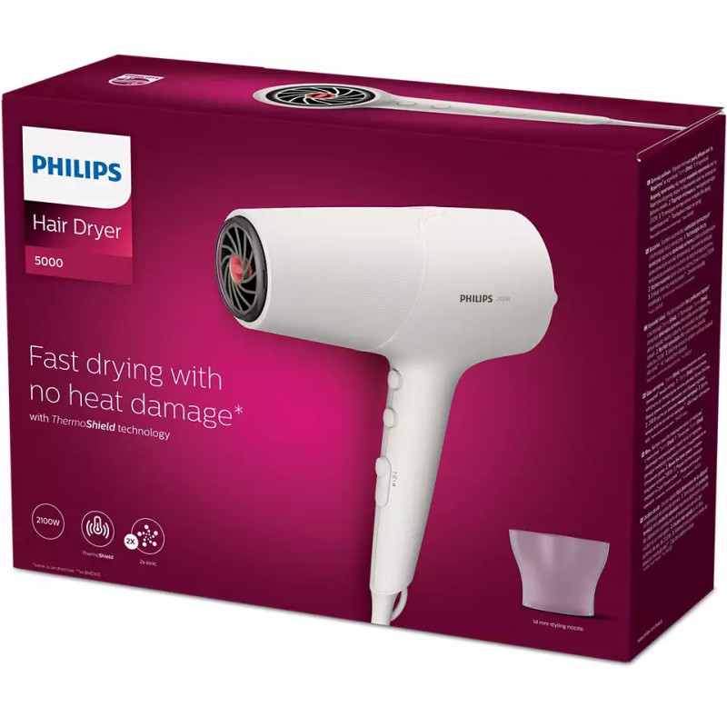 Фен Philips BHD501/00, White, 2100W, 2 швидкостей, 3 режими, подвійна іонізація, концентратор, технологія ThermoShield, DC двигун