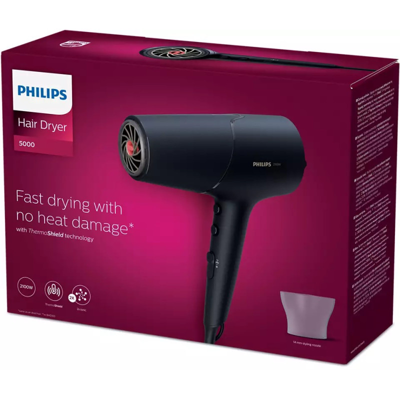 Фен Philips BHD504/00, Black, 2100W, 2 швидкостей, 3 режими, подвійна іонізація, концентратор, технологія ThermoShield, DC двигун