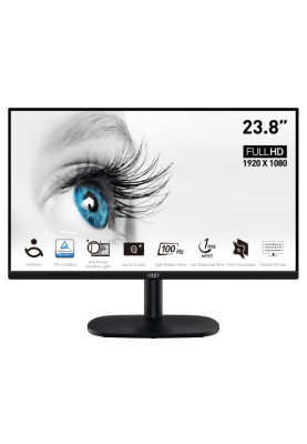 Монітор 23.8" MSI PRO MP245V, Black, WLED, VA, 1920x1080 (16:9), 1 мс, 100 Гц, 300 кд/м², 4000:1, 178°/178°, VGA/HDMI, VESA 100x100 мм, Adaptive Sync