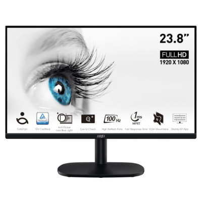 Монітор 23.8" MSI PRO MP245V, Black, WLED, VA, 1920x1080 (16:9), 1 мс, 100 Гц, 300 кд/м², 4000:1, 178°/178°, VGA/HDMI, VESA 100x100 мм, Adaptive Sync
