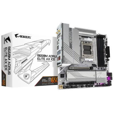 Материнська плата AM5 Gigabyte B650M AORUS ELITE AX ICE, B650, 4xDDR5, Int.Video (CPU), 4xSATA3, 2xM.2, 2xPCI-E 4.0 x16, Realtek 7.1, Realtek 2.5Gb, WiFi 6E, Bluetooth 5.3, 10xUSB3.2/6xUSB2.0, HDMI/DP, MicroATX