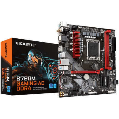 Материнська плата LGA1700, Gigabyte B760M GAMING AC DDR4, B760, 2xDDR4, Int.Video(CPU), 4xSATA3, 2xM.2, 1xPCI-E 4.0 x16, 1xPCI-E 3.0 x1, Realtek 7.1, RTL8125BG, WiFi 5, Bluetooth 5.1, 6xUSB3.2/6xUSB2.0, VGA/HDMI/DP, MicroATX