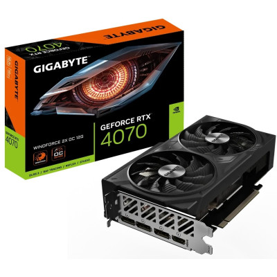 Відеокарта GeForce RTX 4070, Gigabyte, WINDFORCE 2X OC, 12Gb GDDR6X, 192-bit, HDMI/3xDP, 2490/21000 MHz, 8-pin (GV-N4070WF2OC-12GD)