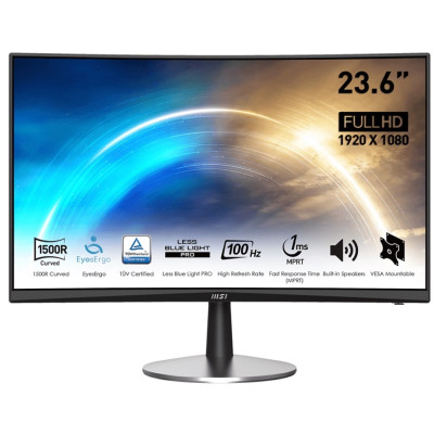 Монітор вигнутий 23.6" MSI PRO MP2422C, Black, WLED, VA, 1920x1080 (16:9), 1 мс, 100 Гц, 250 кд/м², 3000:1, 1500R, 178°/178°, 2х2 Вт, VGA/HDMI, VESA 100x100 мм