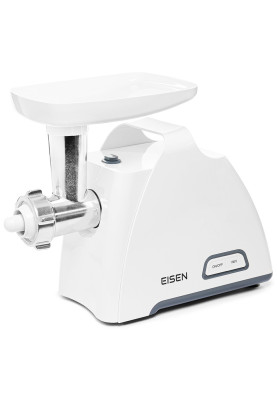 М'ясорубка Eisen EMG-202JS, White, 2000W, продуктивність 2.5кг/хв, диски для подрібнення 5 мм/7 мм, cоковитискач для томатів, 2 циліндричні  барабани, насадка для ковбасок/«кеббе», завантажувальний лоток пластиковий