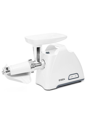 М'ясорубка Eisen EMG-202JS, White, 2000W, продуктивність 2.5кг/хв, диски для подрібнення 5 мм/7 мм, cоковитискач для томатів, 2 циліндричні  барабани, насадка для ковбасок/«кеббе», завантажувальний лоток пластиковий