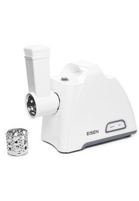 М'ясорубка Eisen EMG-202JS, White, 2000W, продуктивність 2.5кг/хв, диски для подрібнення 5 мм/7 мм, cоковитискач для томатів, 2 циліндричні  барабани, насадка для ковбасок/«кеббе», завантажувальний лоток пластиковий