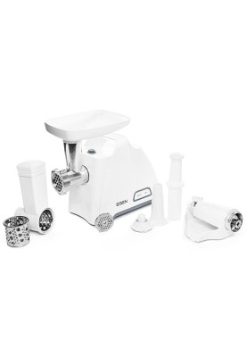 М'ясорубка Eisen EMG-202JS, White, 2000W, продуктивність 2.5кг/хв, диски для подрібнення 5 мм/7 мм, cоковитискач для томатів, 2 циліндричні  барабани, насадка для ковбасок/«кеббе», завантажувальний лоток пластиковий