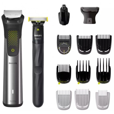 Тример Philips MG9552/15 OneBlade, Black, для бороди, голови і тіла, 15в1, 13 насадок, 27 налаштувань довжини (0,2-20мм), вологе очищення, мережа, акумулятор, в комплекті великий футляр
