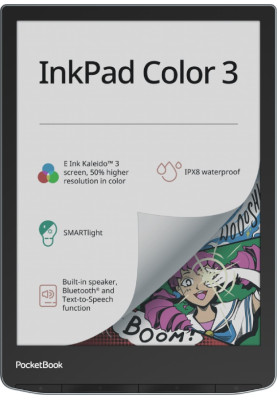 Електронна книга 7.8" PocketBook 743K "InkPad 3 Color", Stormy Sea, WiFi / Bluetooth, 1872x1404 (E Ink Kaleido Plus), 1Gb/32Gb, сенсорний екран, 300 DPI, сенсорна панель, підсвічування екрану SMARTlight, 2900 mAh, USB Type-C (PB743K3-1-CIS)