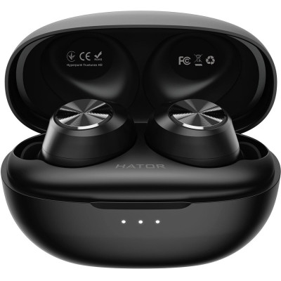 Навушники бездротові Hator Hyperpunk Truetones HD, Black, Bluetooth, мікрофон, динаміки 6 мм, 40 mAh + 300 mAh кейс, IPX4 (HTA-415)