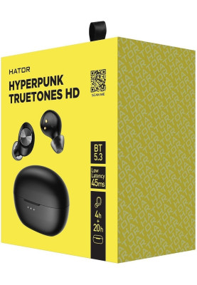 Навушники бездротові Hator Hyperpunk Truetones HD, Black, Bluetooth, мікрофон, динаміки 6 мм, 40 mAh + 300 mAh кейс, IPX4 (HTA-415)