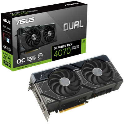 Відеокарта GeForce RTX 4070 SUPER, Asus, DUAL OC, 12Gb GDDR6X, 192-bit, HDMI/3xDP, 2520/21000 MHz, 16-pin (DUAL-RTX4070S-O12G)
