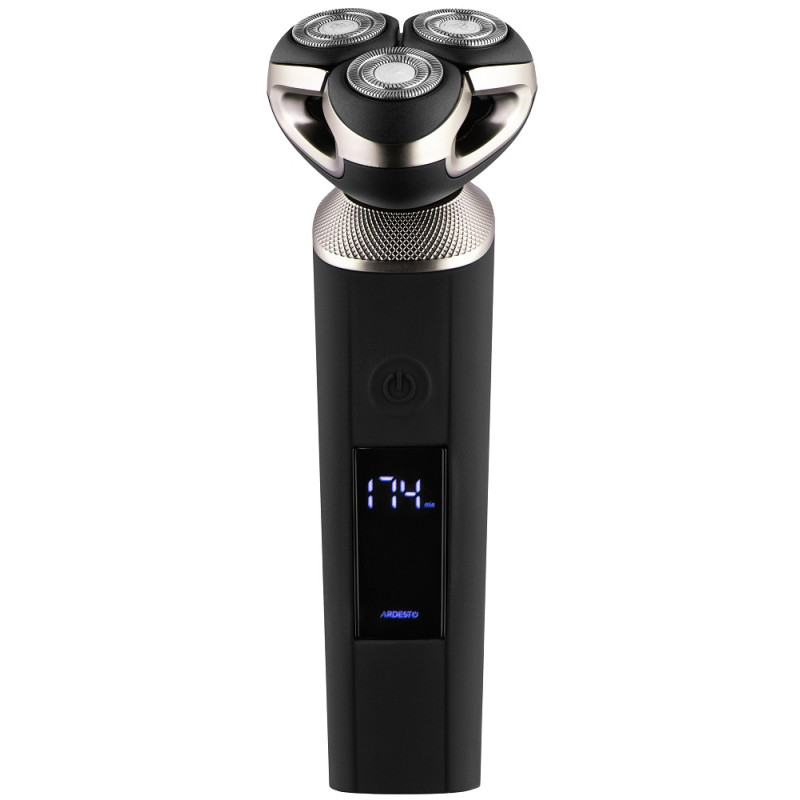 Електробритва Ardesto SHRR-B8WDR, Black, роторна, сухе/вологе гоління, 3 головки, LCD дисплей, технологія Direct Drive, самозагострючі леза, водостійкість IPX5, щітка для очищення, захисна кришка, час роботи 180хв