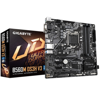 Мат.плата 1200 (H470) Gigabyte B560M DS3H V3, H470, 4xDDR4, Int.Video(CPU), 4xSATA3, 1xM.2, 2xPCI-E 3.0 x16, 2xPCI-E 3.0 x1, ALC887, Intel GbE, 5xUSB3.2/6xUSB2.0, VGA/DVI-D/HDMI, MicroATX