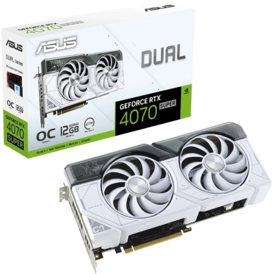 Відеокарта GeForce RTX 4070 SUPER, Asus, DUAL OC (White Edition), 12Gb GDDR6X, 192-bit, HDMI/3xDP, 2520/21000 MHz, 16-pin (DUAL-RTX4070S-O12G-WHITE)