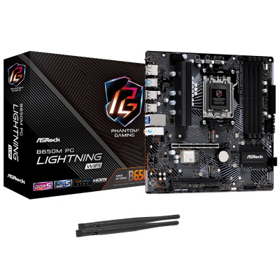 Материнська плата AM5 ASRock B650M PG Lightning WiFi, B650, 4xDDR5, Int.Video (CPU), 4xSATA3, 3xM.2, 1xPCI-E 4.0 x16, 1xPCI-E 3.0 x16, ALC897, RTL8125BG, WiFi 6E, Bluetooth 5.2, 9xUSB3.2/8xUSB2.0, HDMI/DP, MicroATX