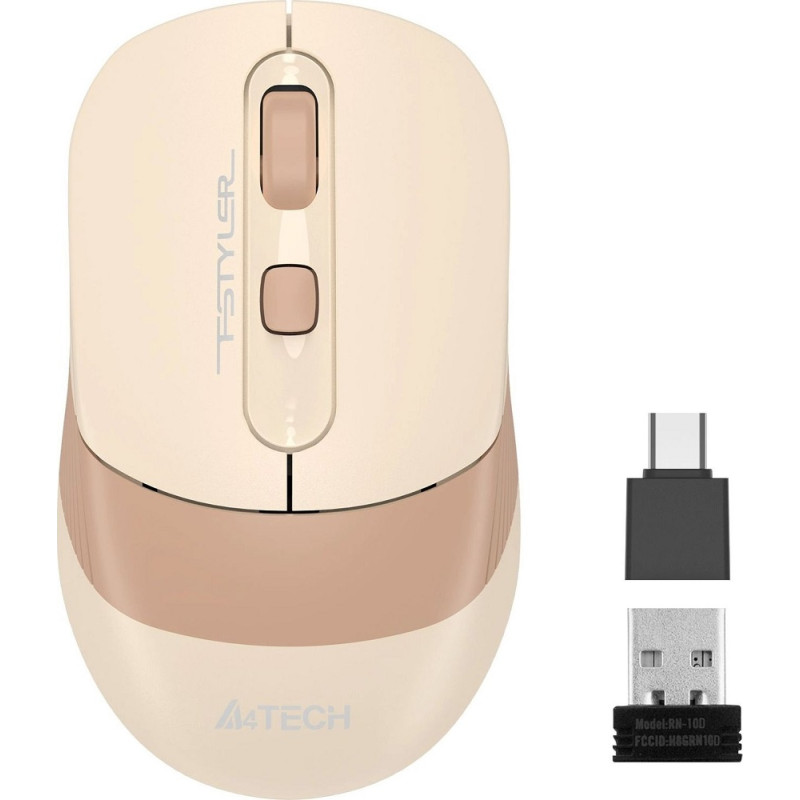 Миша A4Tech Fstyler FG10CS, Desk+Air, Cafe Latte, оптична, бездротова, 1000/1600/2000 dpi, 4 кнопки, вбудований акумулятор, USB/USB Type-C