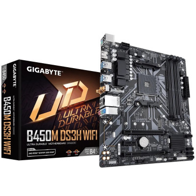 Мат.плата AM4 (B450) Gigabyte B450M DS3H WIFI, B450, 4xDDR4, Int.Video(CPU), 4xSATA3, 1xM.2, 1xPCI-E 3.0 x16, 1xPCI-E 2.0 x16, 1xPCI-E 2.0 x1, ALC887, RTL8111H, WiFi 5, Bluetooth 5.0, 6xUSB3.1/6xUSB2.0, HDMI, MicroATX