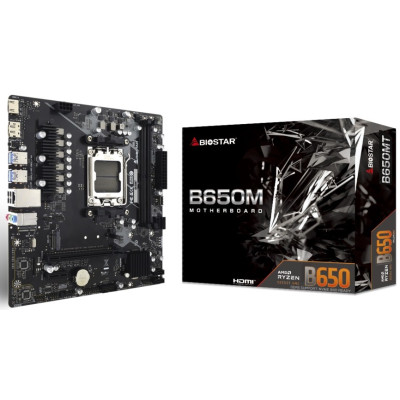 Материнська плата AM5 Biostar B650MT, B650, 2xDDR5, Int.Video (CPU), 4xSATA3, 1xM.2, 1xPCI-E 4.0 x16, 1xPCI-E 3.0 x1, ALC897, RTL8111H, 6xUSB3.2/6xUSB2.0, HDMI/DP, MicroATX