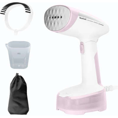 Відпарювач Tefal DT3050E1, White/Pink, 1300W, постійний удар 20г/хв, об'єм бака для води 120 мл, вертикальне відпарювання, складна головка, насадка-щітка для грубих тканин, сумка для зберігання
